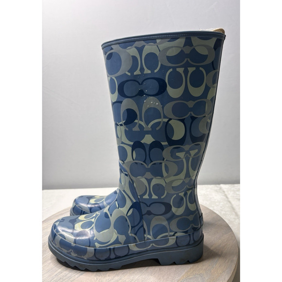 Coach Paisley Womens Rubber Pull On Tall Rain Boots Blue All Over Logo Sz 7m - Picture 3 of 11